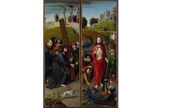 Gerard David: Krisztus kereszthordozása, keresztre feszítése és feltámadása az emmausi tanítványokkal (szárnyas oltár, 1510 körül)