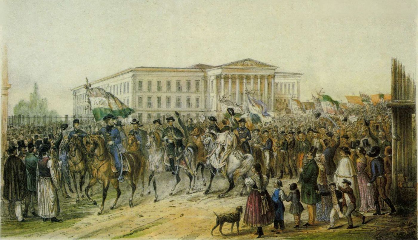 A követválasztásra eljött kortesek díszmenete Pesten 1847. október 17-én