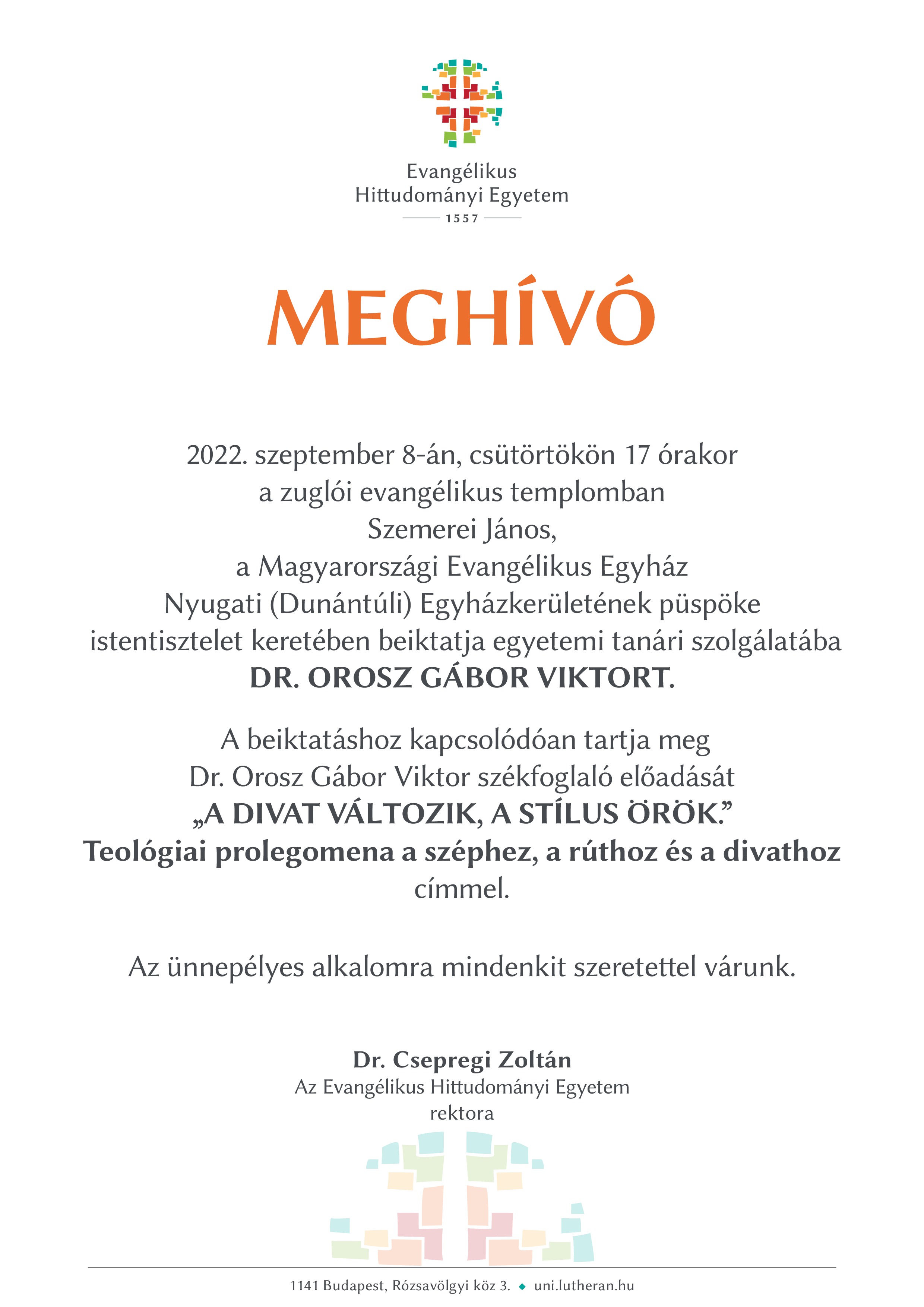 Dr. Orosz Gábor Viktor ünnepélyes egyetemi tanári beiktatása az Evangélikus Hittudományi Egyetemen