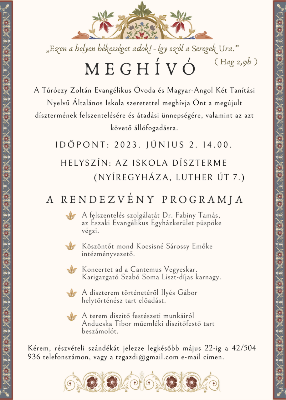 A Túróczy iskola megújult díszremének felszentelése